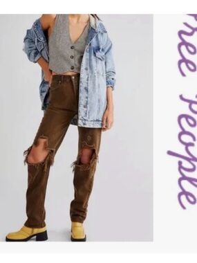 New WOT Free People The Lasso Jeans Distressed Olive/ Brown
